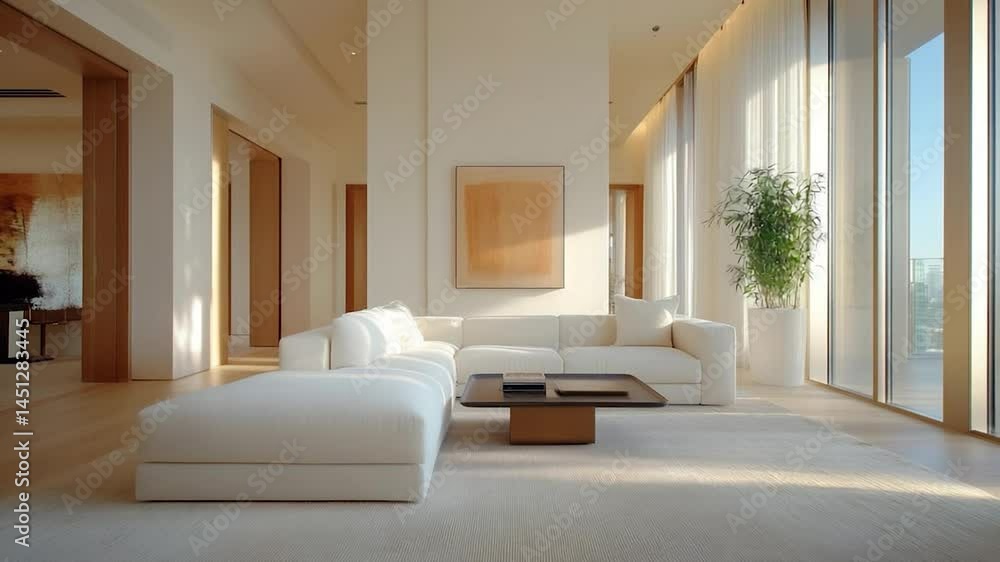Luxurious interior with white sofa table and plant. Bright lighting with minimalist style. Decorative painting, wooden floor and glass windows. Modern apartment design Luxurious interior with white sofa table and plant. Bright lighting with minimalist style. Decorative painting, wooden floor and glass windows. Modern apartment design