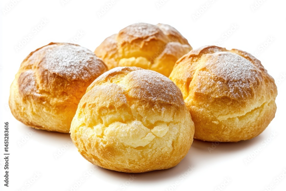 Freshly baked golden cream puffs arranged on a white background, showcasing their fluffy texture Freshly baked golden cream puffs arranged on a white background, showcasing their fluffy texture