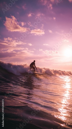 Surfer riding wave at sunset with golden hour and negative space on left