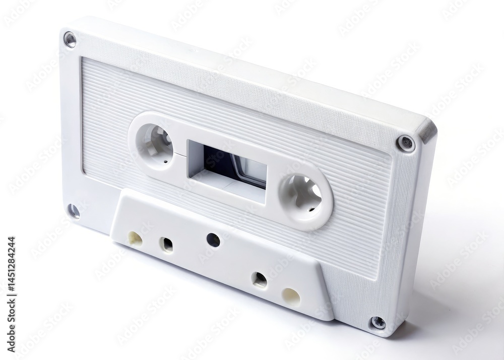 Obraz premium Macro Photography White Cassette Tape Close Up, High Detail Audio Cassette, Vintage Music Technology, Retro Media