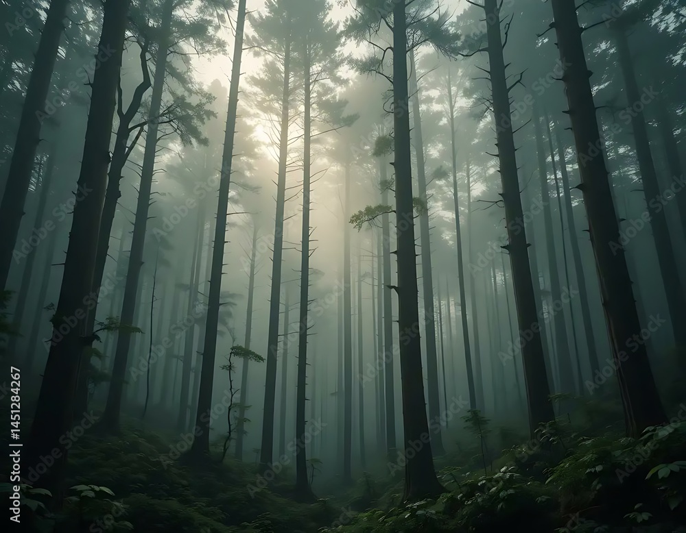 Fototapeta premium Misty forest scene with tall trees reaching skyward, creating a peaceful and tranquil atmosphere.