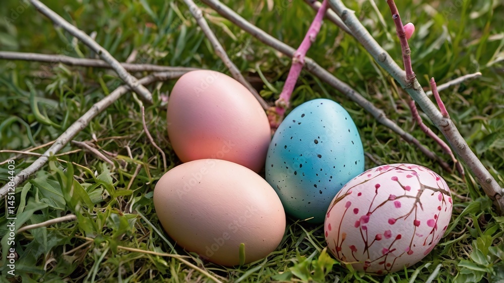 A collection of colorful Easter eggs nestled in a lush, green grassy adorned with pink berries and twigs, celebrating the spirit of spring and renewal. A collection of colorful Easter eggs nestled in a lush, green grassy adorned with pink berries and twigs, celebrating the spirit of spring and renewal.