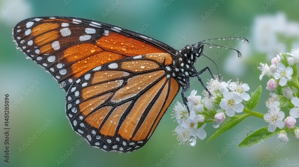 Fototapeta premium Close-up of a vibrant monarch butterfly with water droplets on flower blossoms