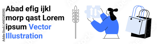 Woman examining sustainability choices with a wheat stalk, recycling sign, and shopping bags. Ideal for eco-awareness, retail, agriculture, sustainability, education, branding flat landing page