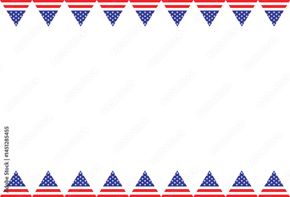 Obraz premium Patriotic American-themed background with triangular USA flag buntings aligned along the top and bottom edges, leaving a large white space for text or design in the center
