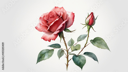 A beautiful watercolor painting of a red rose, white background