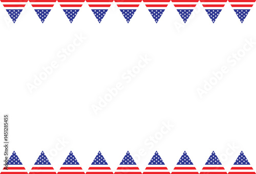 Patriotic American-themed background with triangular USA flag buntings aligned along the top and bottom edges, leaving a large white space for text or design in the center