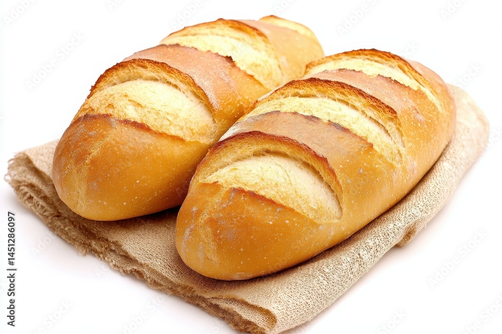 Freshly baked loaves of bread resting on a burlap cloth, showcasing their golden crust Freshly baked loaves of bread resting on a burlap cloth, showcasing their golden crust