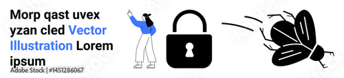 Woman gesturing at text, accompanied by a padlock representing security and a bug symbolizing vulnerabilities. Ideal for cybersecurity, tech tutorials, antivirus concepts, error detection, data