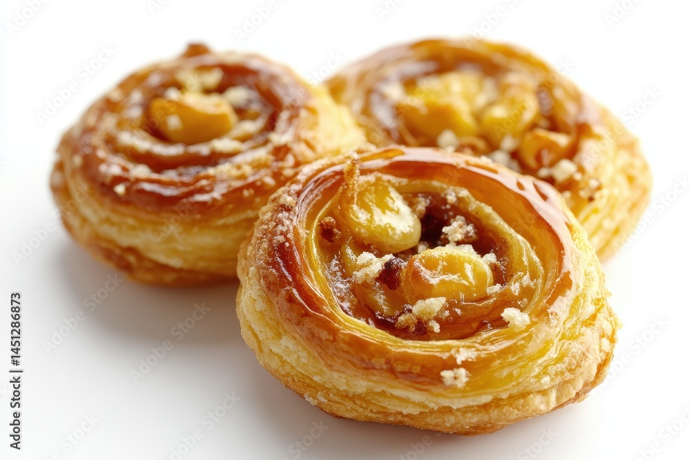 Freshly baked pastry rolls with a golden crust, garnished with nuts, on a white background Freshly baked pastry rolls with a golden crust, garnished with nuts, on a white background