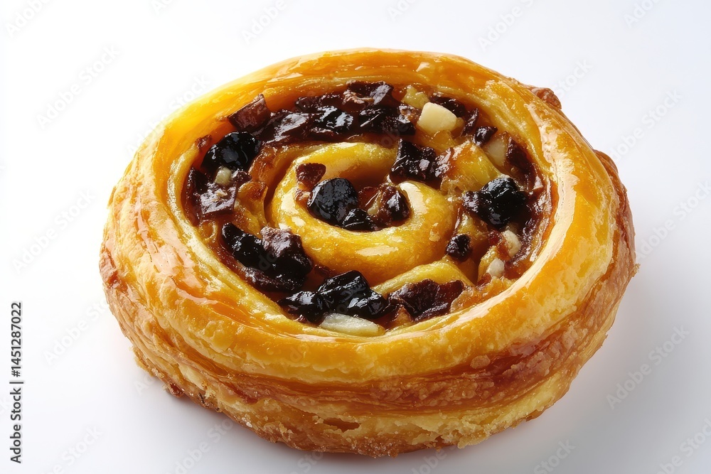 Freshly baked pastry swirl with rich chocolate and dried fruit filling on a white background Freshly baked pastry swirl with rich chocolate and dried fruit filling on a white background
