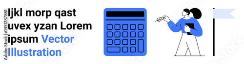 Woman pointing at a large calculator with a notepad in hand and a flag beside. Ideal for finance, analytics, education, planning, teamwork, strategy, simple landing page