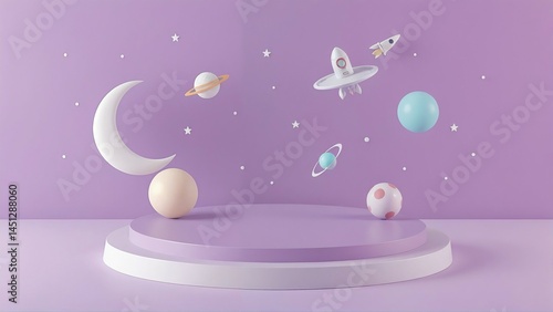 3d kid background. Galaxy space podium, rocket planet and toy spaceship as star children products promo presentation, birthday room. Cute cartoon childish banner backdrop. Vector showcase