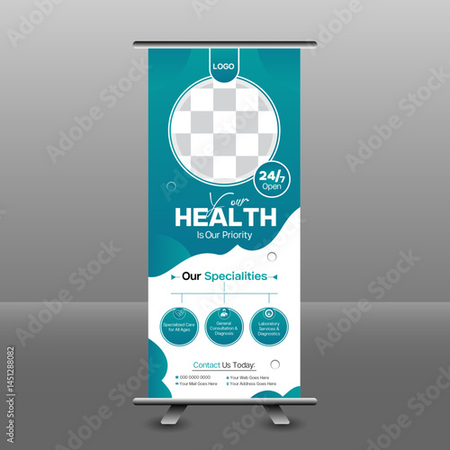 Professional health care and medical roll up banner design, stand design, advertisement, flyer design, display vector illustration.