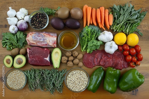 A variety of fresh, vibrant fruits and vegetables on the left side along with raw meat or fish, nuts, seeds, dried herbs like thyme and oregano in small glass bowls, Carrots, carrots, tomatoes