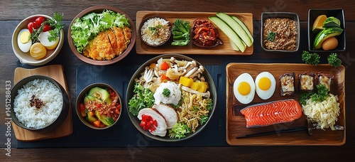 A variety of healthy food items, including vegetables, mushrooms, and fish, are arranged on plates against a dark wooden background. The composition includes a rice bowl with chicken meat