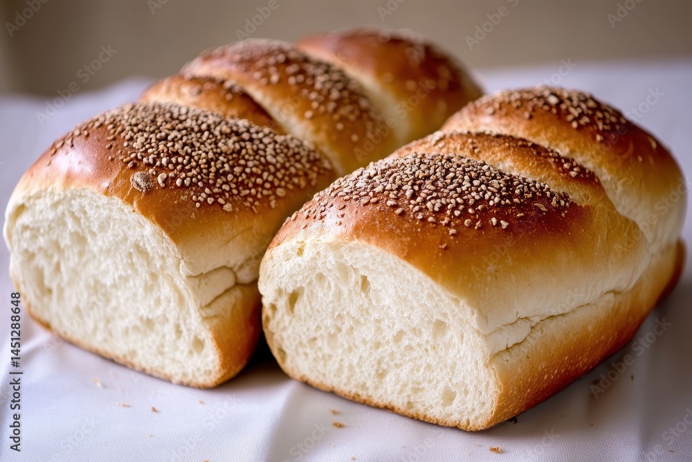 Freshly baked sesame seed bread loaves on a white tablecloth with a soft background Freshly baked sesame seed bread loaves on a white tablecloth with a soft background
