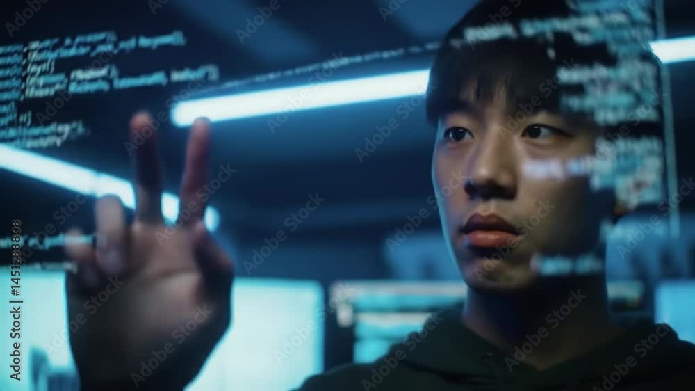 Young developer works on advanced technology in a futuristic lab environment Young developer works on advanced technology in a futuristic lab environment
