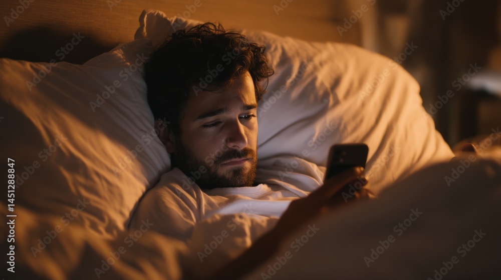 Obraz premium Man using smartphone in bed at night