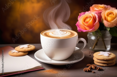 Illustration of Cup of Coffee with Latte Art, Cookies, and Roses - Cozy Cafe Scene with Warm Lighting