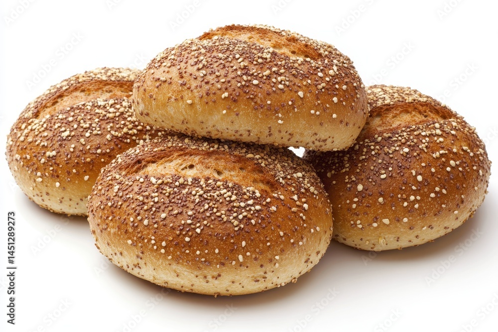 Freshly baked sesame seed rolls stacked artistically against a plain white background Freshly baked sesame seed rolls stacked artistically against a plain white background