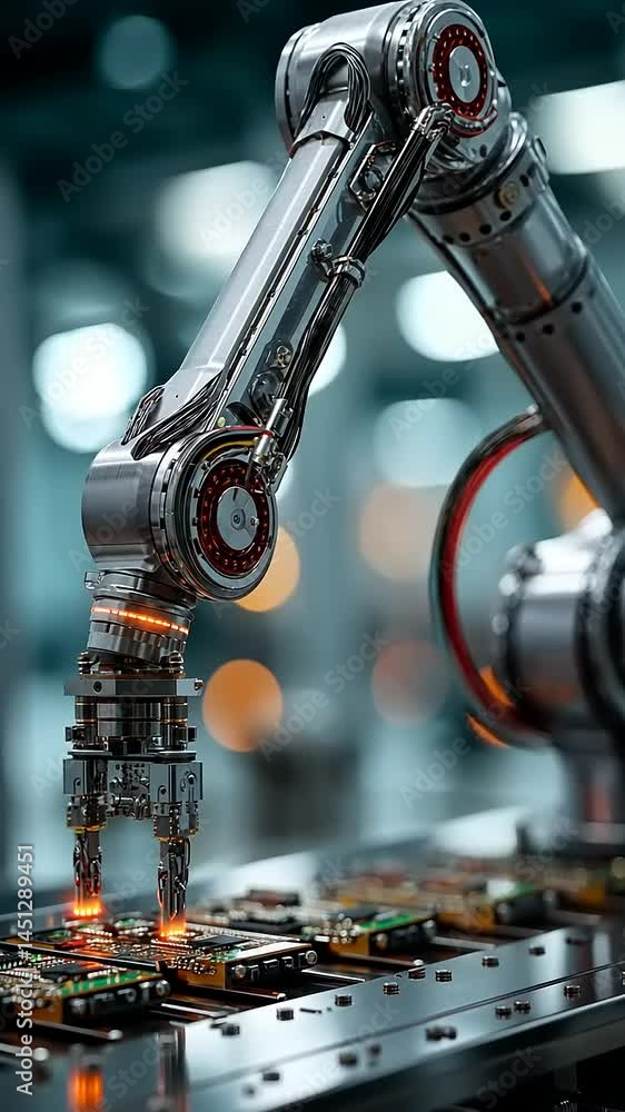 Robotic Arm Assembling Circuit Boards in Factory Robotic Arm Assembling Circuit Boards in Factory