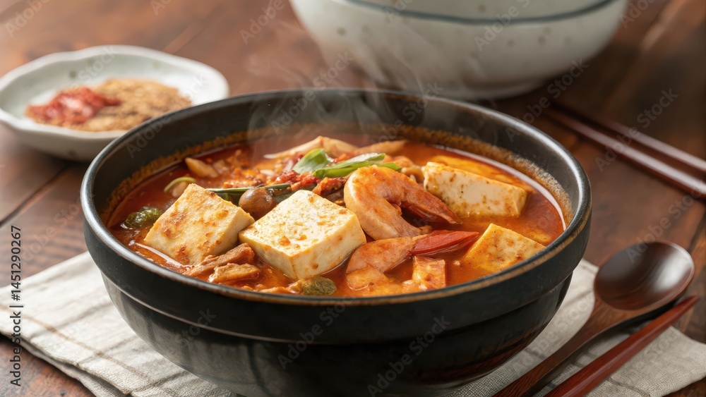 Chigae is a Korean ramen with a spicy broth Chigae is a Korean ramen with a spicy broth