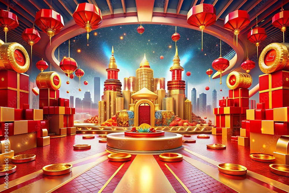 Vibrant Stylized Urban Scene Festive Cityscape with Gold and Red Accents Vibrant Stylized Urban Scene Festive Cityscape with Gold and Red Accents