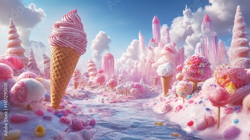 Enchanted Fantasy Land Filled with Whimsical Ice Cream Cones and Sweet Treats in a Vibrant Pink Landscape Under a Bright Blue Sky