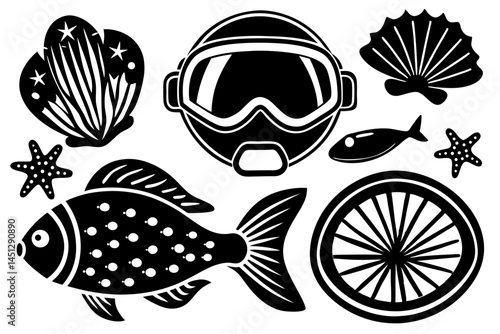 Underwater Diving Scuba Mask Fish Shell Starfish Sea Life Illustration