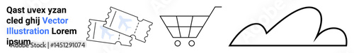 Shopping cart, two tickets, abstract cloud highlight ecommerce, online booking, cloud storage, digital networking, entertainment, retail and service industries. Ideal for simple landing page