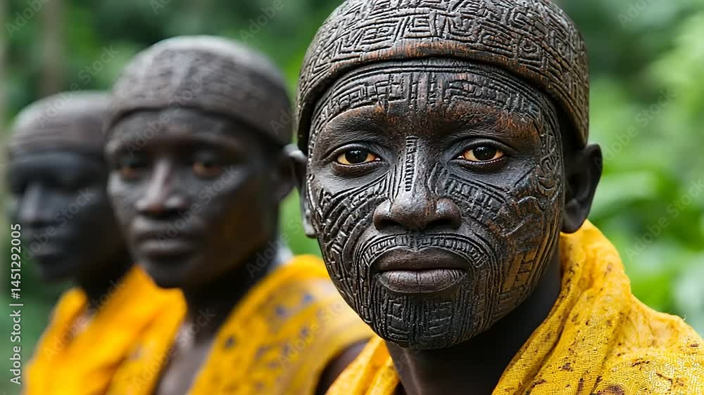African tribal men, intricate face and head adornments African tribal men, intricate face and head adornments