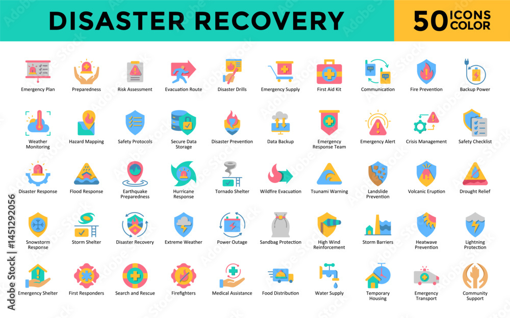 Disaster Recovery icons set with emergency plan, preparedness, risk assessment, evacuation route, disaster drills, emergency supply, first aid kit, communication icon. Simple flat color vector
Disaster Recovery icons set with emergency plan, preparedness, risk assessment, evacuation route, disaster drills, emergency supply, first aid kit, communication icon. Simple flat color vector