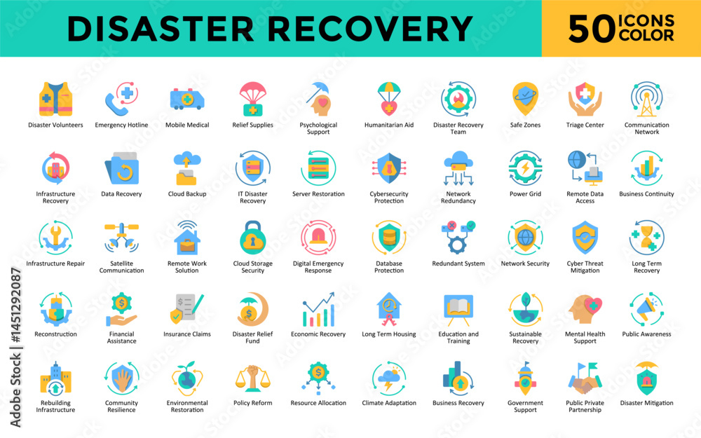 Disaster Recovery icons set with disaster volunteers, emergency hotline, mobile medical, relief supplies, psychological support, humanitarian aid icon. Simple flat color vector
Disaster Recovery icons set with disaster volunteers, emergency hotline, mobile medical, relief supplies, psychological support, humanitarian aid icon. Simple flat color vector