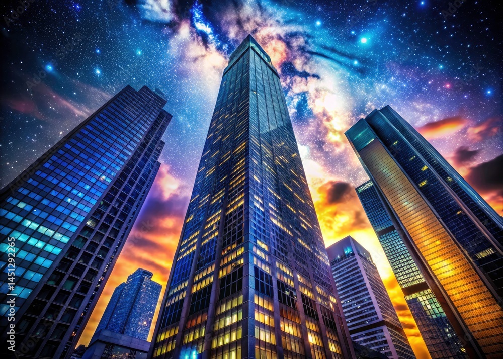 Fototapeta premium Night Photography Height Check: Tall Building Silhouette, Dramatic Lighting, Cityscape, Dark Sky, Urban Exploration