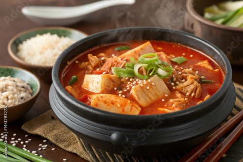 Kimchi, chigae spicy soup with kimchi and pork