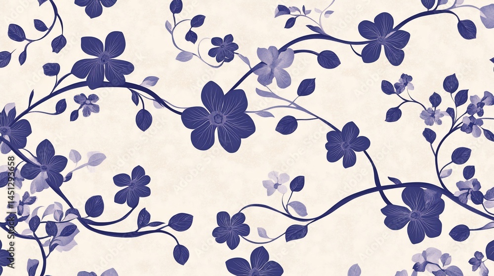 Elegant Floral Pattern with Navy Blue Flowers and Vines on Cream Background Elegant Floral Pattern with Navy Blue Flowers and Vines on Cream Background