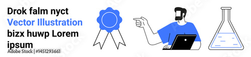 Blue award ribbon, person pointing with a laptop, and chemistry flask representing success, innovation, research, learning, technology, teamwork and achievement. Ideal for education business