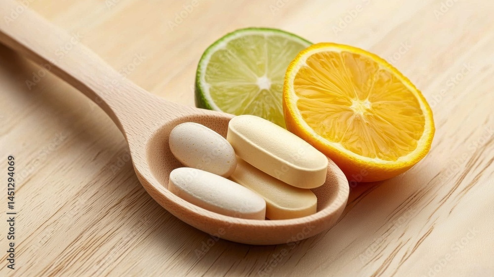 A wooden spoon holds several white vitamin tablets led beside vibrant slices of fresh orange and lime fruit on a light wood background showcasing a healthy lifestyle concept. A wooden spoon holds several white vitamin tablets led beside vibrant slices of fresh orange and lime fruit on a light wood background showcasing a healthy lifestyle concept.
