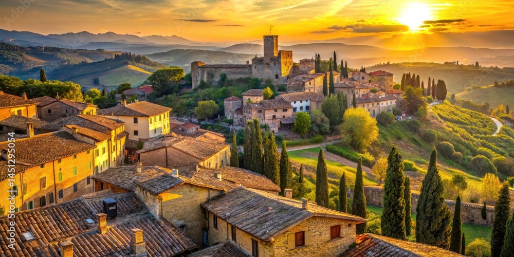 Naklejka premium Panoramic San Gimignano Tuscany Italy: Hilltop Village, Tuscan Valley View, Medieval Architecture, Italian Countryside