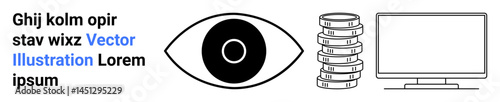 Abstract eye symbol, coin stacks, monitor, lorem ipsum text explore technology, finance, vision, analytics, surveillance conceptual data storage. Ideal for business proposal fintech logo simple