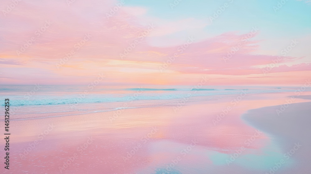 Fototapeta premium Serene pastel beach landscape at sunset with soft waves and colorful sky reflecting on tranquil water surface during golden hour