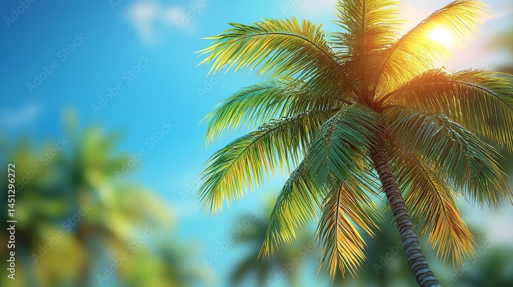 Single coconut palm tree with green fronds, perfect for travel brochure layouts Single coconut palm tree with green fronds, perfect for travel brochure layouts
