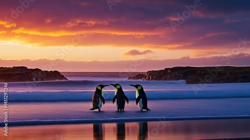Penguins Walking on the Beach at Sunset with Colorful Sky