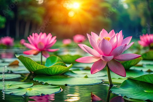 Wallpaper Mural Pink Lotus Bloom Minimalist Photography, Water Lily Pads, Nature Background, Floral Art Torontodigital.ca
