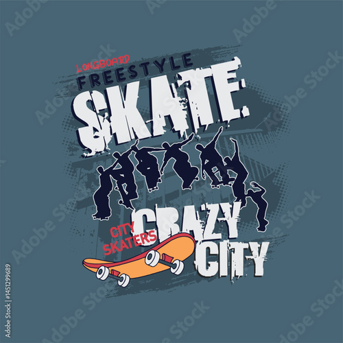 Bold and edgy vector typography design for extreme skateboard sports featuring street-style slogans and motivational words that celebrate freedom, risk-taking, energy, and unstoppable urban spirit.

