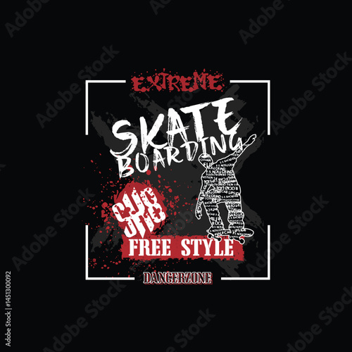 Bold and edgy vector typography design for extreme skateboard sports featuring street-style slogans and motivational words that celebrate freedom, risk-taking, energy, and unstoppable urban spirit.
