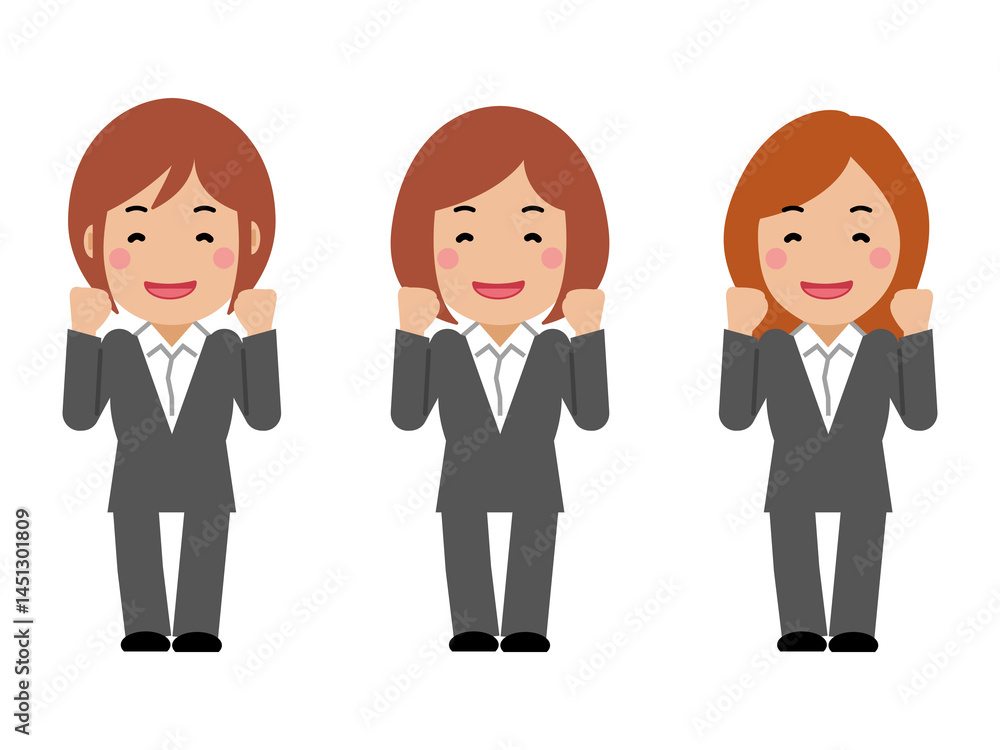 がんばれと応援するグレースーツの若い女性 がんばれと応援するグレースーツの若い女性