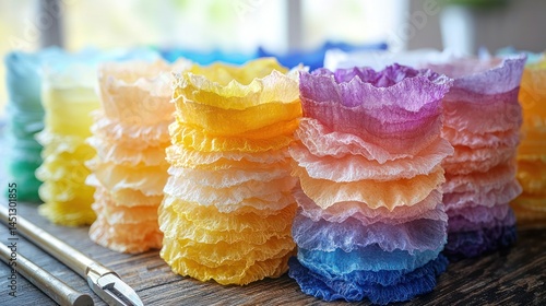 Rainbow Colored Paper Stacks: A vibrant display of hand-dyed paper, arranged in gradient stacks, showcasing a beautiful spectrum of colors.