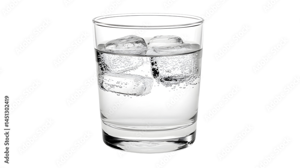 A clear glass filled with ice cubes and sparkling water, set against a plain background, ideal for beverage advertisements A clear glass filled with ice cubes and sparkling water, set against a plain background, ideal for beverage advertisements